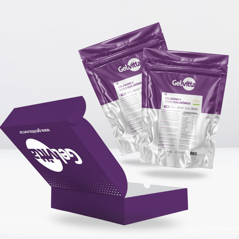 KIT 2X COLÁGENO VERISOL® COM ÁCIDO HIALURÔNICO HAPLEX® PLUS, BIOTINA E VITAMINA C 1 KG + CAIXA PRESENTE GELVITTA