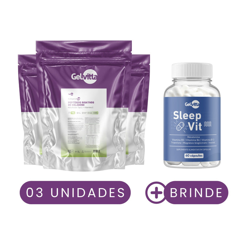KIT 3X COLÁGENO HIDROLISADO TIPO 1 + PEPTÍDEOS BIOATIVOS COM VITAMINA C 1 KG + BRINDE SLEEP VIT