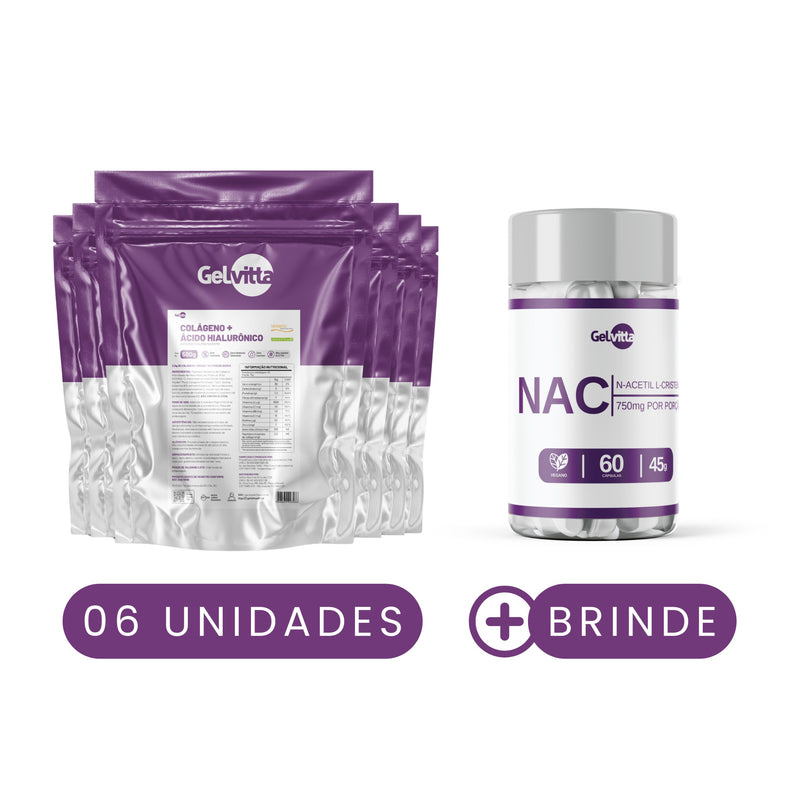 KIT 6X COLÁGENO VERISOL® COM ÁCIDO HIALURÔNICO HAPLEX® PLUS, BIOTINA E VITAMINA C 500G + BRINDE NAC