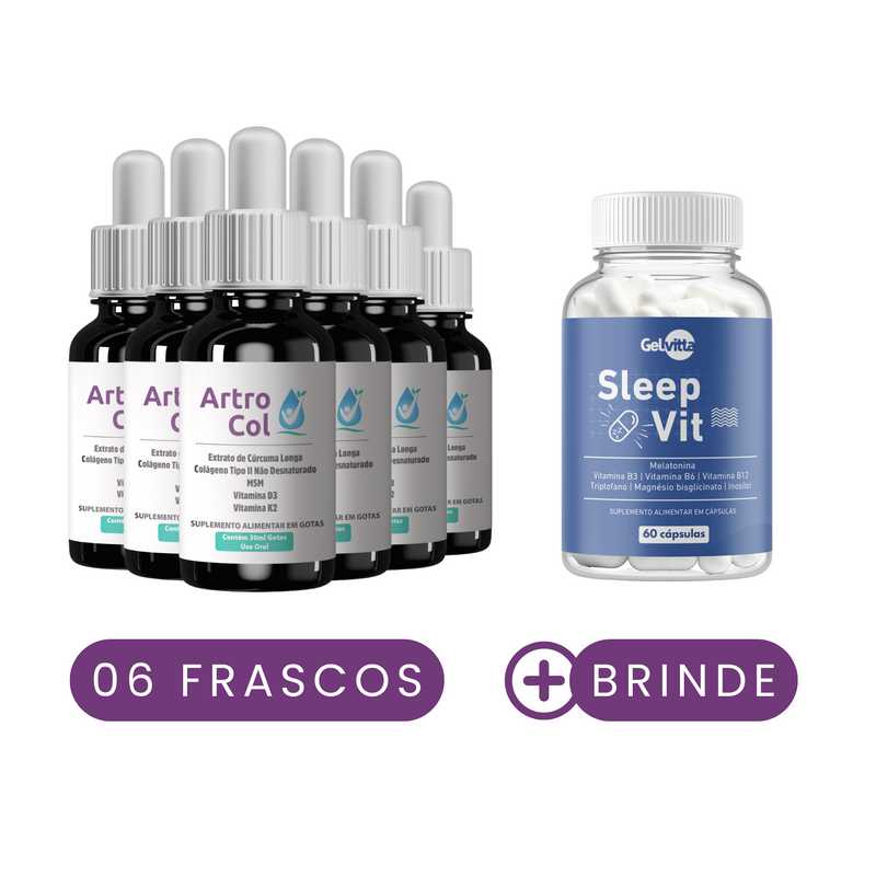 KIT 6X ARTROCOL - COLÁGENO TIPO 2 E CÚRCUMA - DOR MUSCULAR E ARTICULAR + BRINDE SLEEP VIT