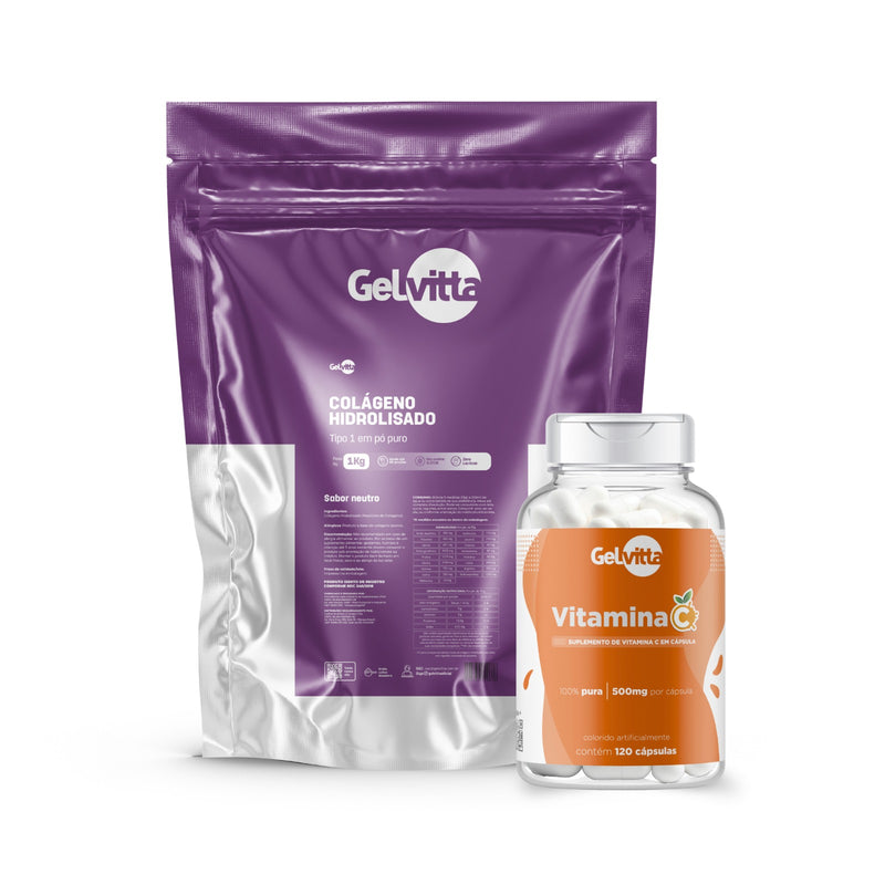 COLÁGENO HIDROLISADO TIPO 1 EM PÓ PURO PREMIUM + VITAMINA C 120 CÁPSULAS