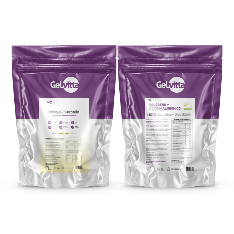 KIT WHEY 100% PROTEIN E COLÁGENO VERISOL® COM ÁCIDO HIALURÔNICO HAPLEX® PLUS, BIOTINA E VITAMINA C 1 KG