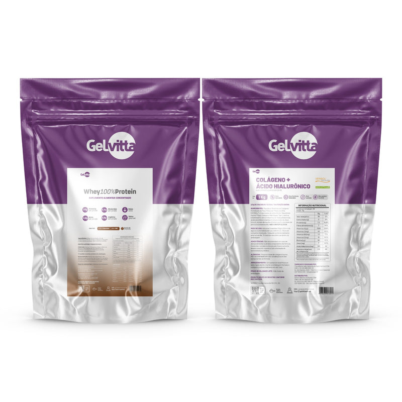 KIT WHEY 100% PROTEIN E COLÁGENO VERISOL® COM ÁCIDO HIALURÔNICO HAPLEX® PLUS, BIOTINA E VITAMINA C 1 KG
