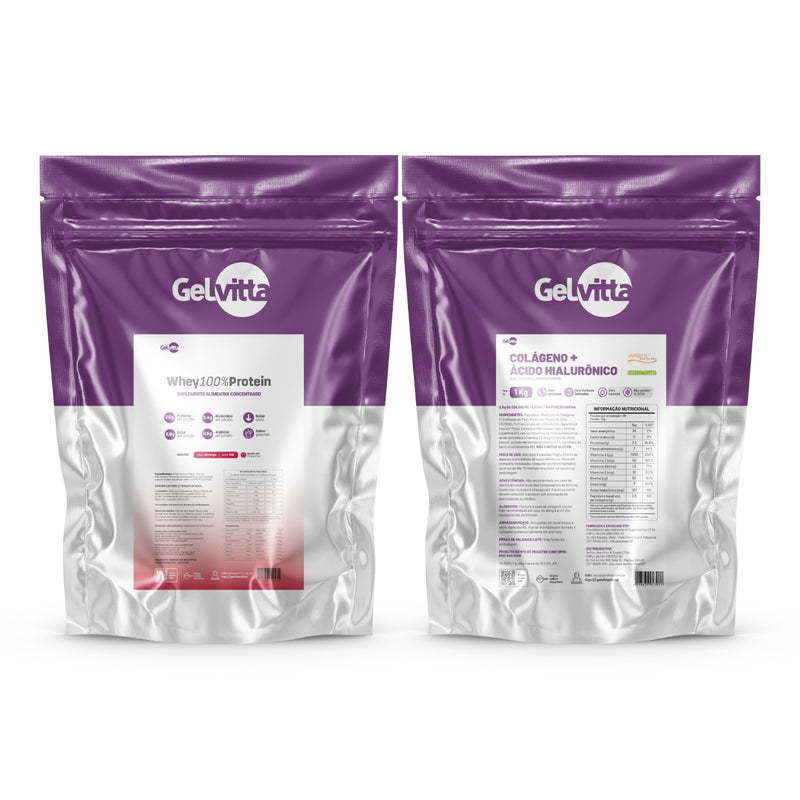 KIT WHEY 100% PROTEIN E COLÁGENO VERISOL® COM ÁCIDO HIALURÔNICO HAPLEX® PLUS, BIOTINA E VITAMINA C 1 KG